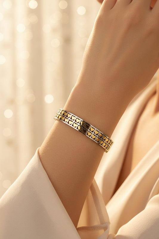 Golden Plated-Dualtone Heart Design Openable Bracelet