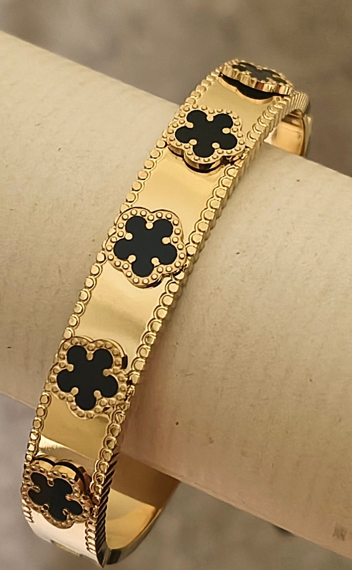 Golden Plate-Floral Emboss-Black Openable Bracelet