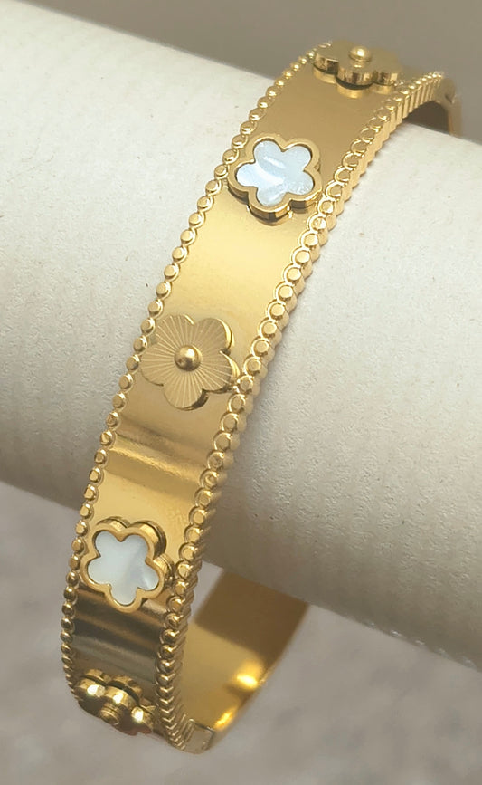 Golden Plate-Floral Emboss-White Openable Bracelet