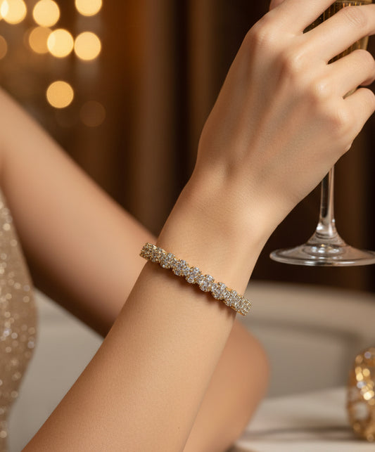 Golden Plated White Stones Floral Design Openable Bracelet