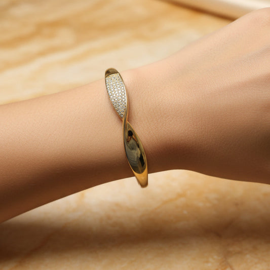 Golden Plated-Twisted Design with White Stones Openable Bracelet