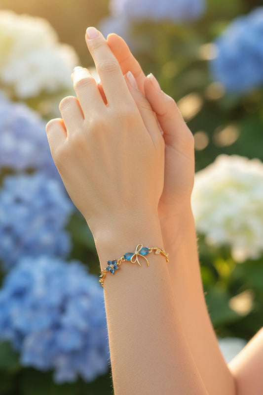 Golden Plated Bow Tulip Chain Bracelet-sky blue