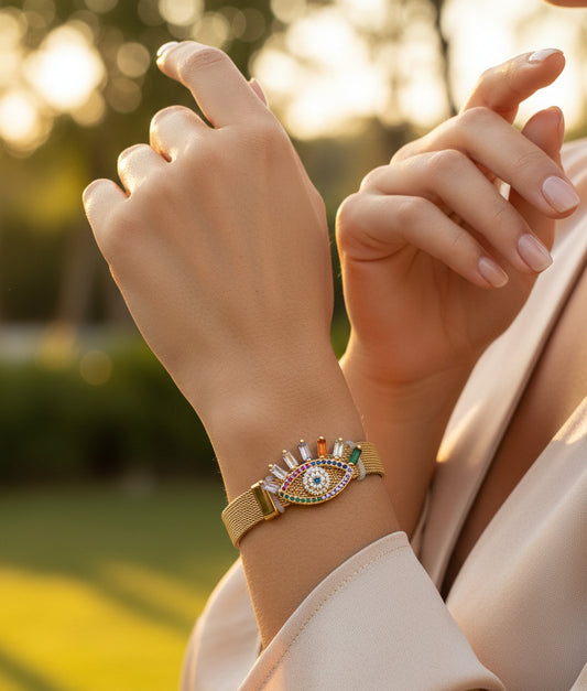 Golden Plated Eye design with Multi Color Lash Watch Strap Bracelet