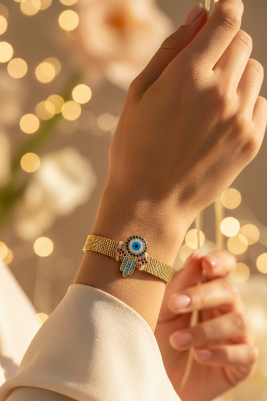 Golden Plated Evil Eye with Fingers Watch strap Bracelet