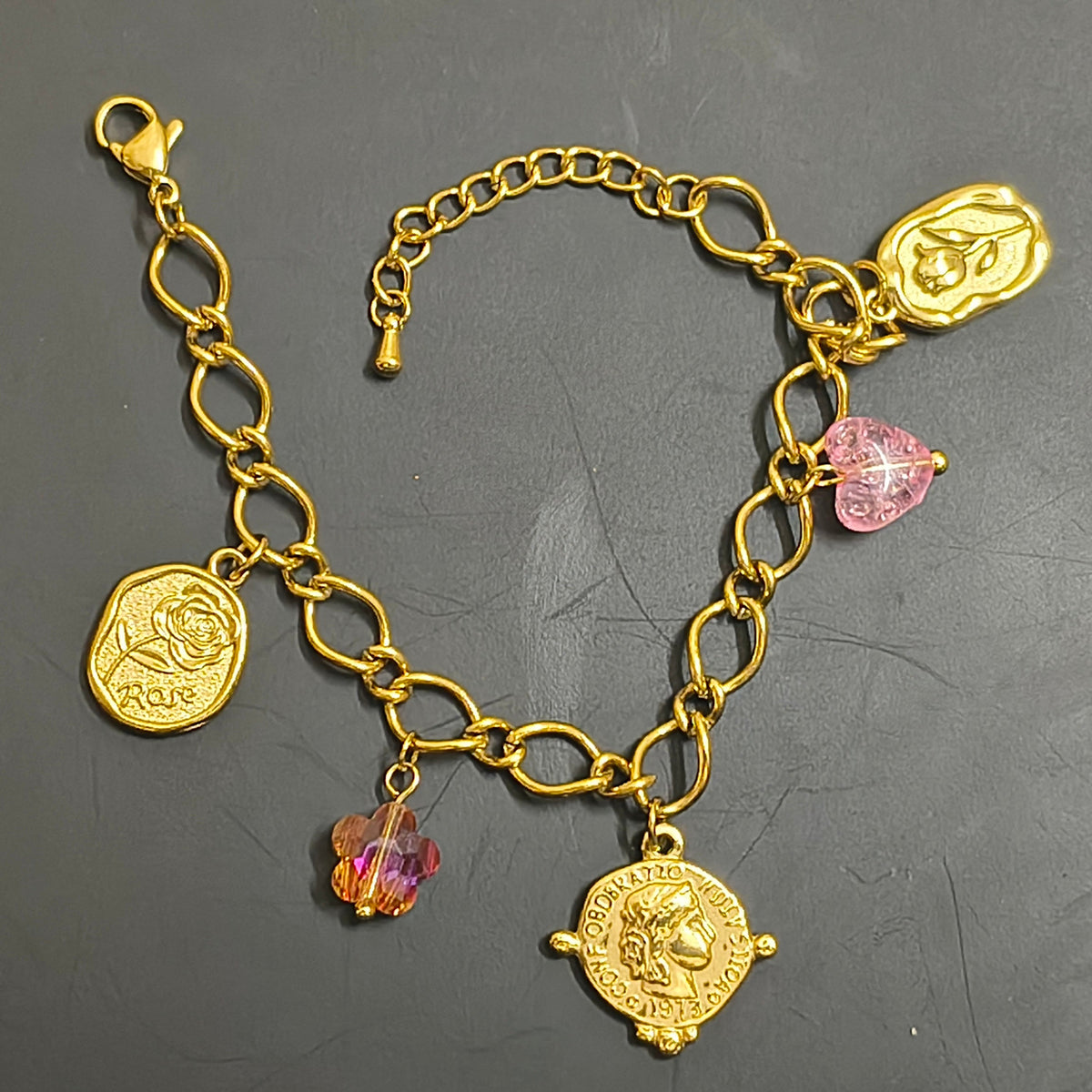 Golden Plated Rose Coin Charm Bracelet