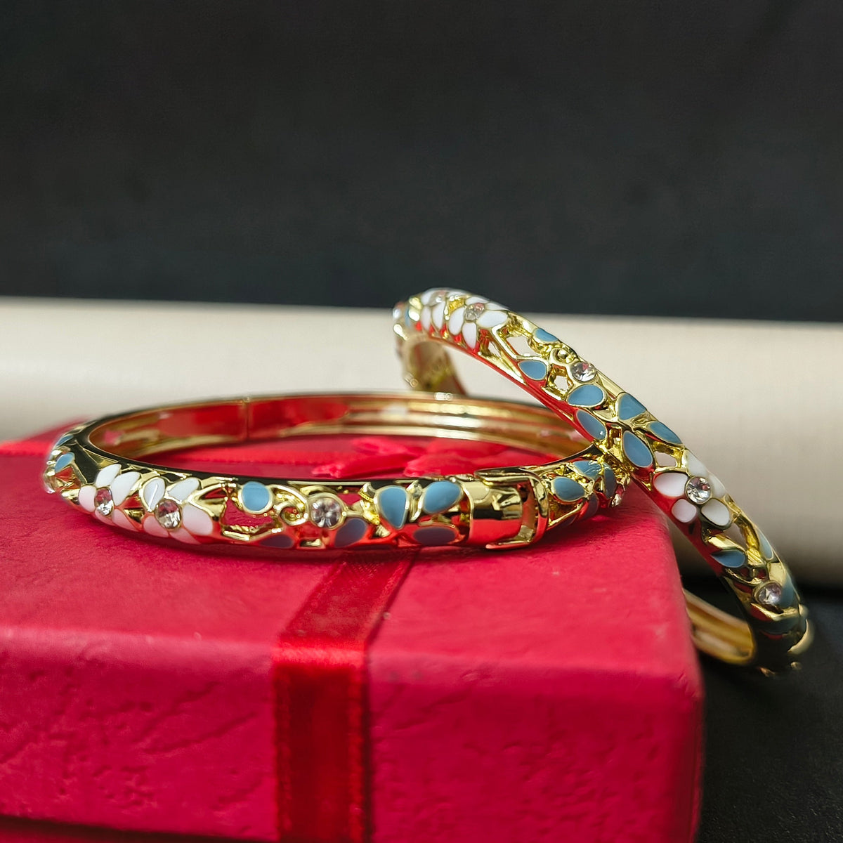 Gold Plated Meenakari Enamel Openable Bracelet-Grey