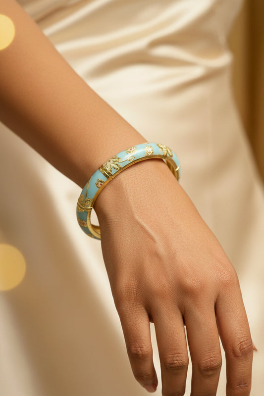 Gold Plated Meenakari Enamel Openable Bracelet-Broad Sky Blue