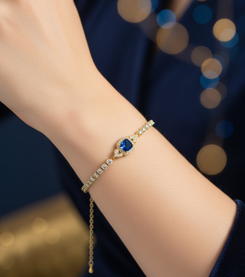 Golden Plating Square Blue Center Stone Tennis Bracelet