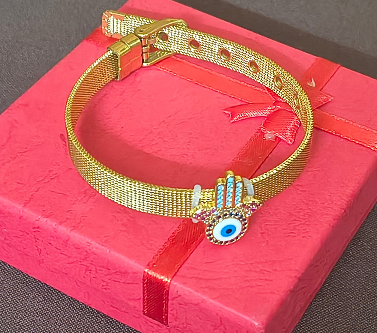 Golden Plated Evil Eye with Fingers Watch strap Bracelet