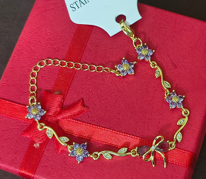Golden Plated Bow Tulip Chain Bracelet- purple