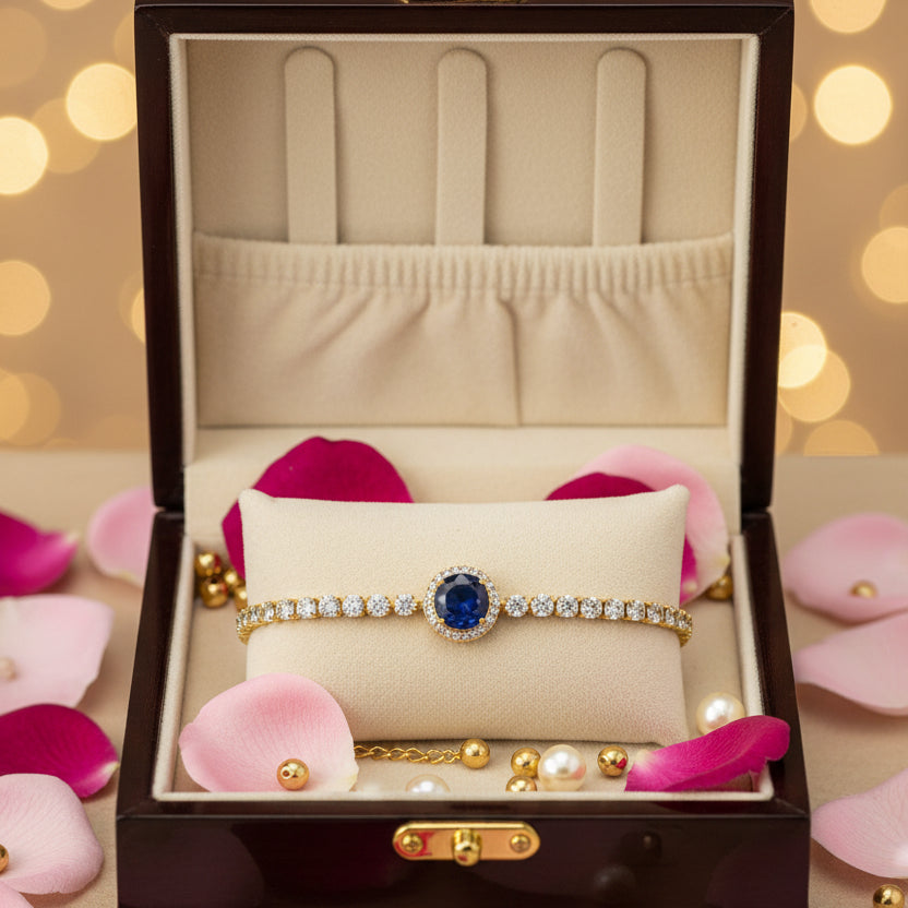 Golden Plated Blue Center Stone Tennis Bracelet