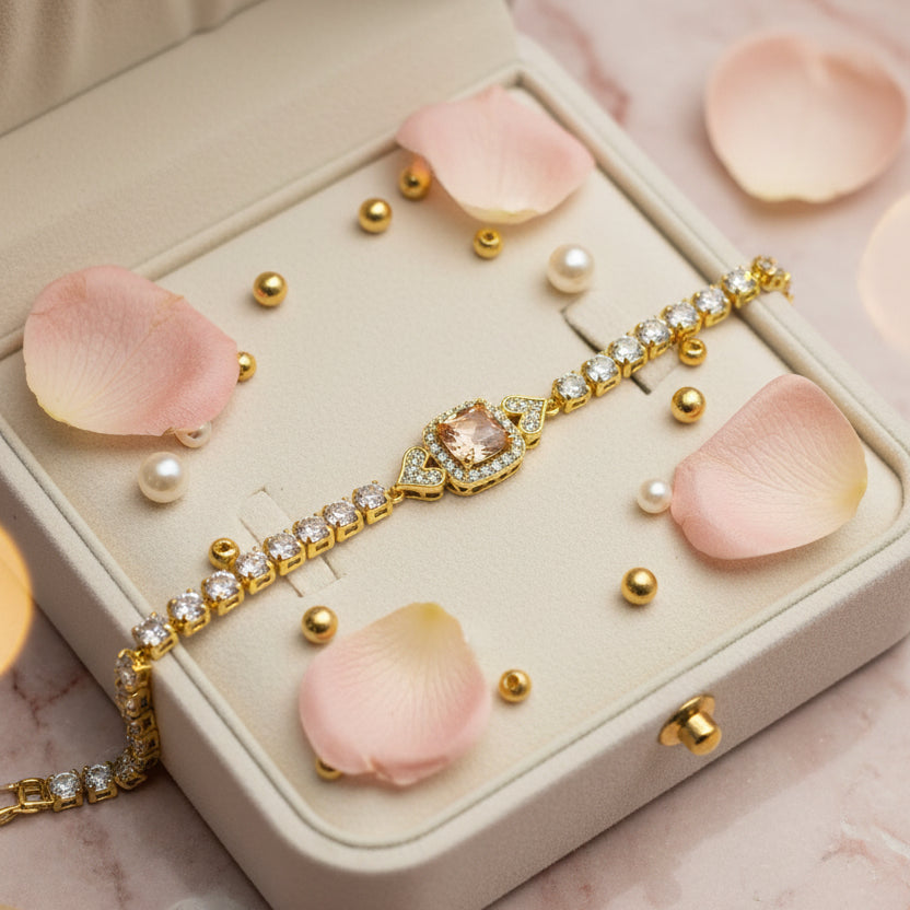 Golden Plating Square Peach Center Stone Tennis Bracelet