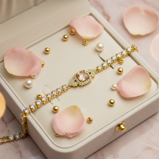 Golden Plating Square Peach Center Stone Tennis Bracelet