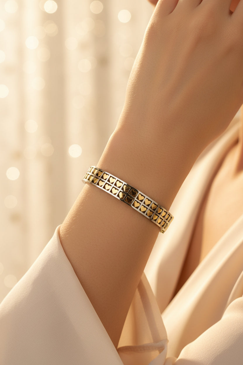 Golden Plated-Dualtone Heart Design Openable Bracelet