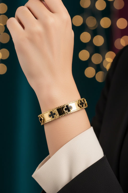 Golden Plate-Floral Emboss-Black Openable Bracelet