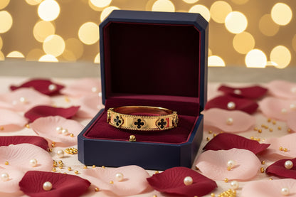 Golden Plate-Floral Emboss-Black Openable Bracelet