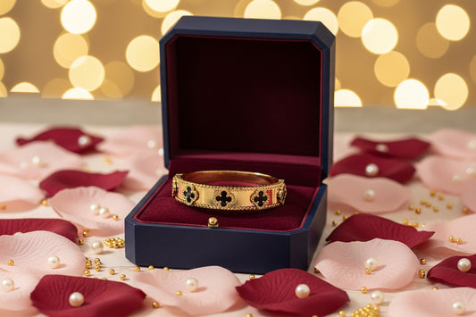 Golden Plate-Floral Emboss-Black Openable Bracelet