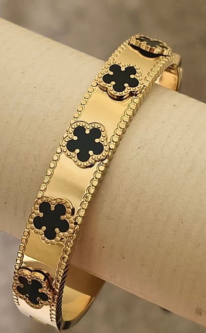 Golden Plate-Floral Emboss-Black Openable Bracelet