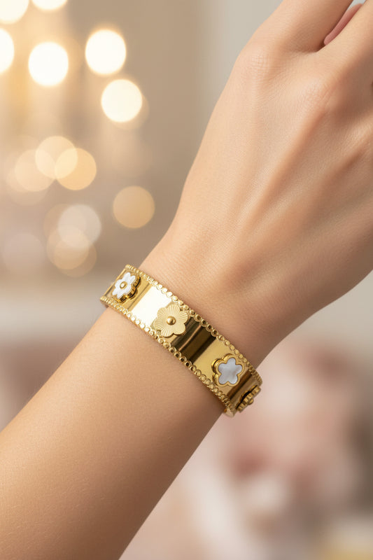 Golden Plate-Floral Emboss-White Openable Bracelet