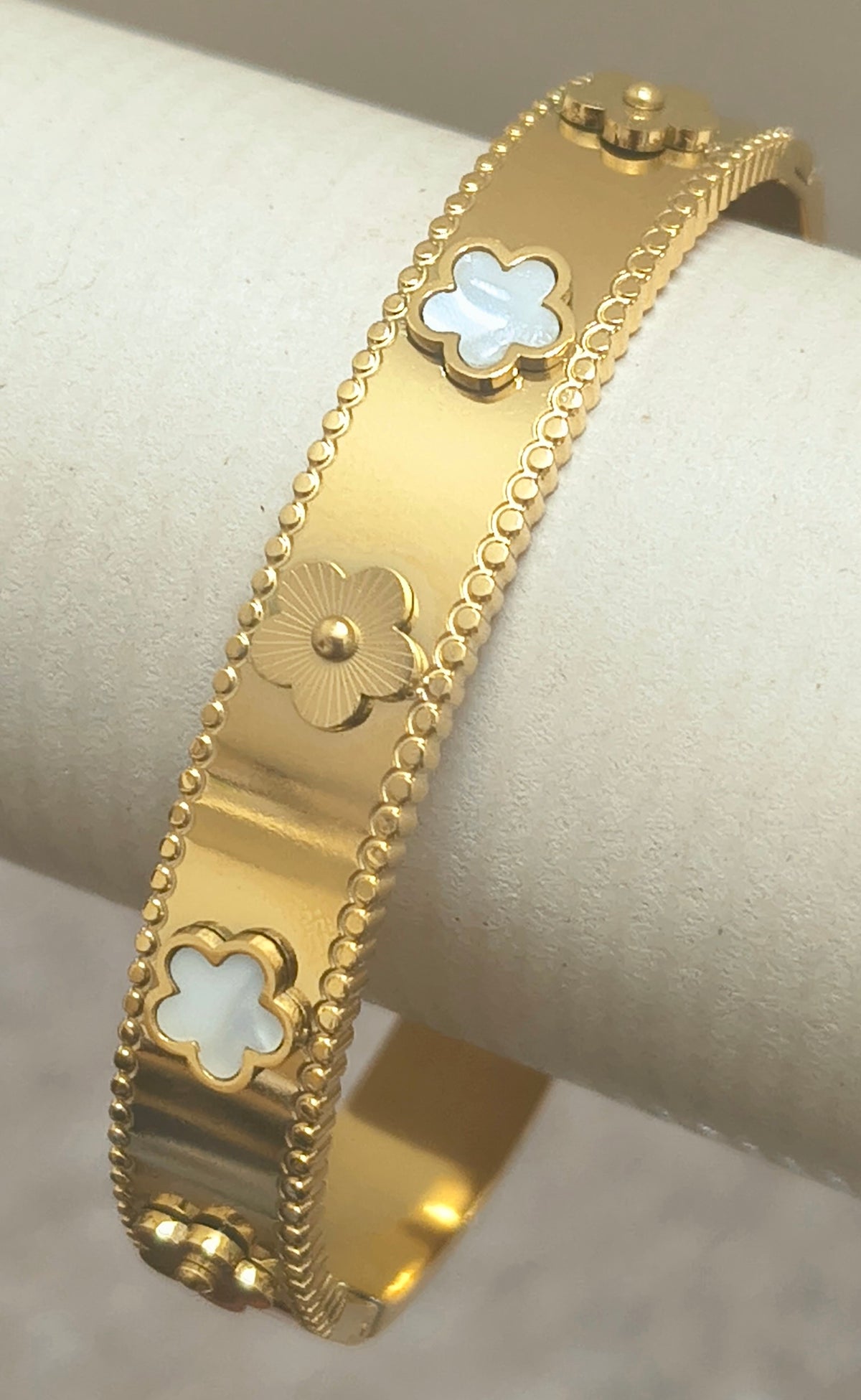 Golden Plate-Floral Emboss-White Openable Bracelet