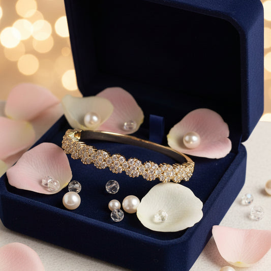 Golden Plated White Stones Floral Design Openable Bracelet