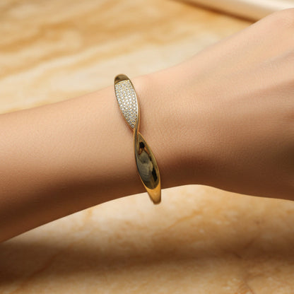 Golden Plated-Twisted Design with White Stones Openable Bracelet