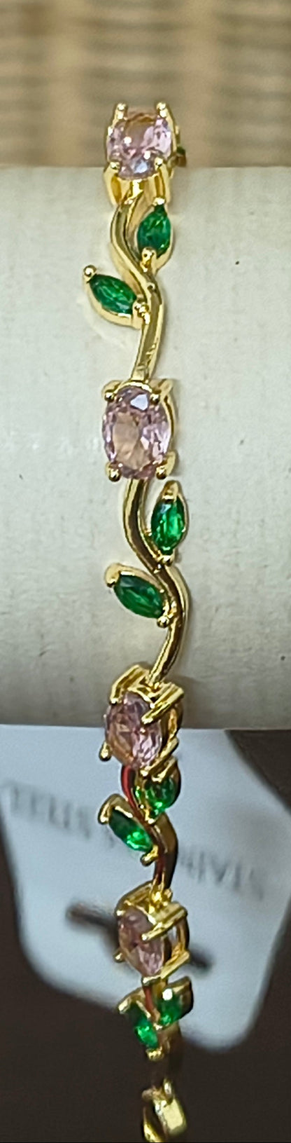 Golden Plated Tulip Chain Bracelet -Pink & Green