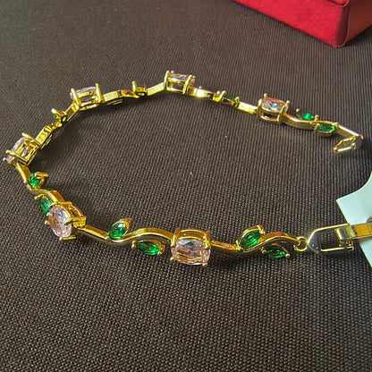 Golden Plated Tulip Chain Bracelet -Pink & Green