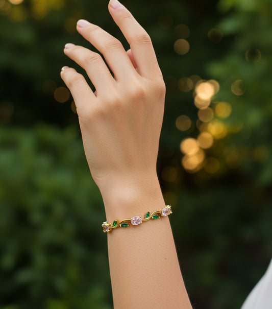 Golden Plated Tulip Chain Bracelet -Pink & Green