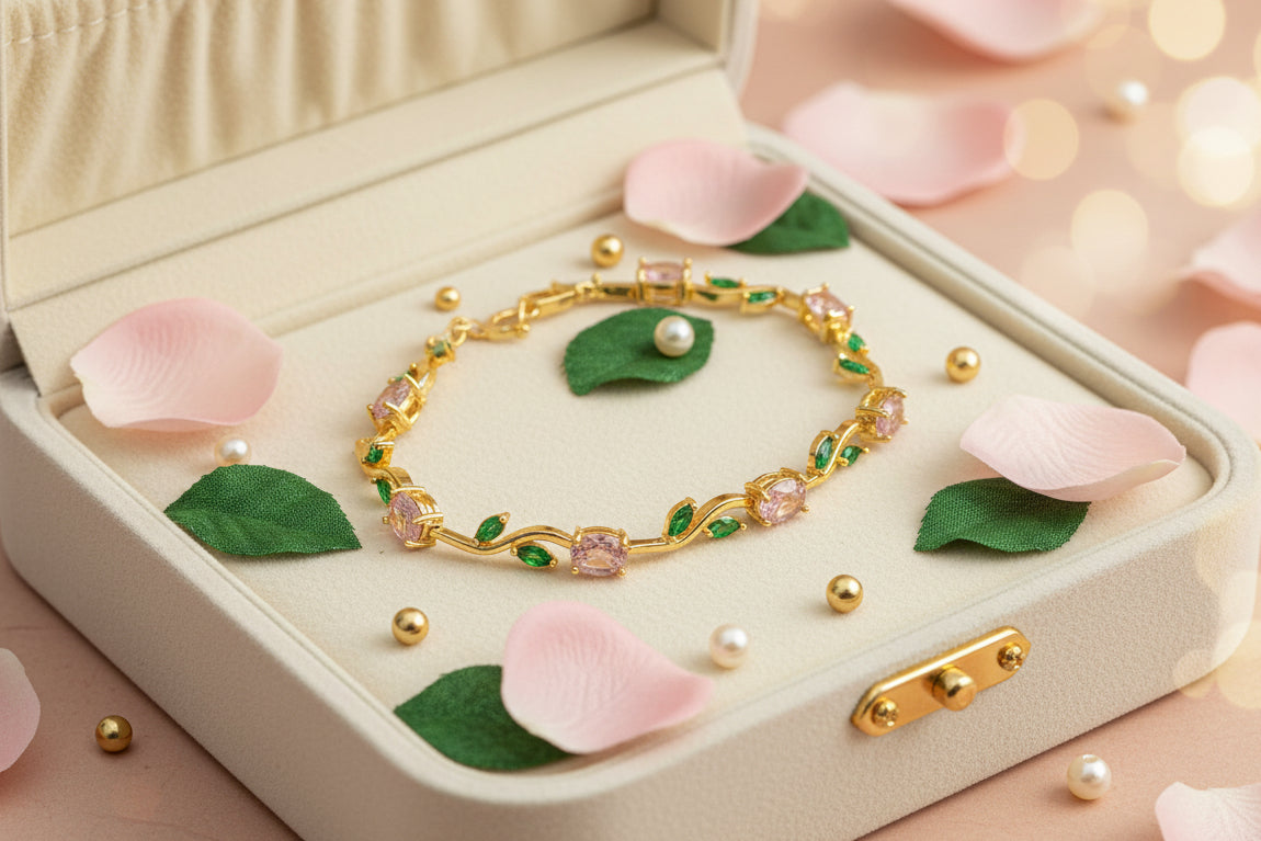 Golden Plated Tulip Chain Bracelet -Pink & Green