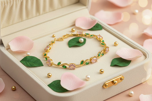 Golden Plated Tulip Chain Bracelet -Pink & Green
