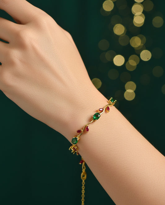 Golden Plated Tulip Chain Bracelet - Green Tulip Red Leaf