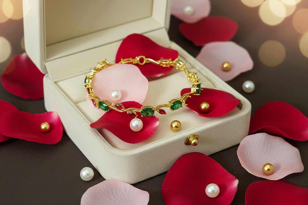 Golden Plated Tulip Chain Bracelet - Green Tulip Red Leaf