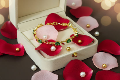 Golden Plated Tulip Chain Bracelet - Green Tulip Red Leaf