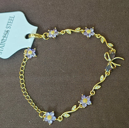 Golden Plated Bow Tulip Chain Bracelet- purple