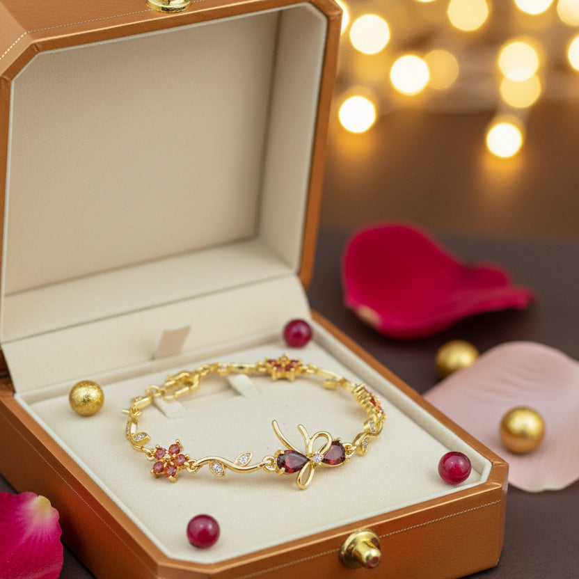 Golden Plated Bow Tulip Chain Bracelet-Orange