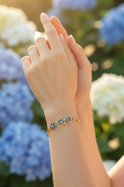 Golden Plated Bow Tulip Chain Bracelet-sky blue
