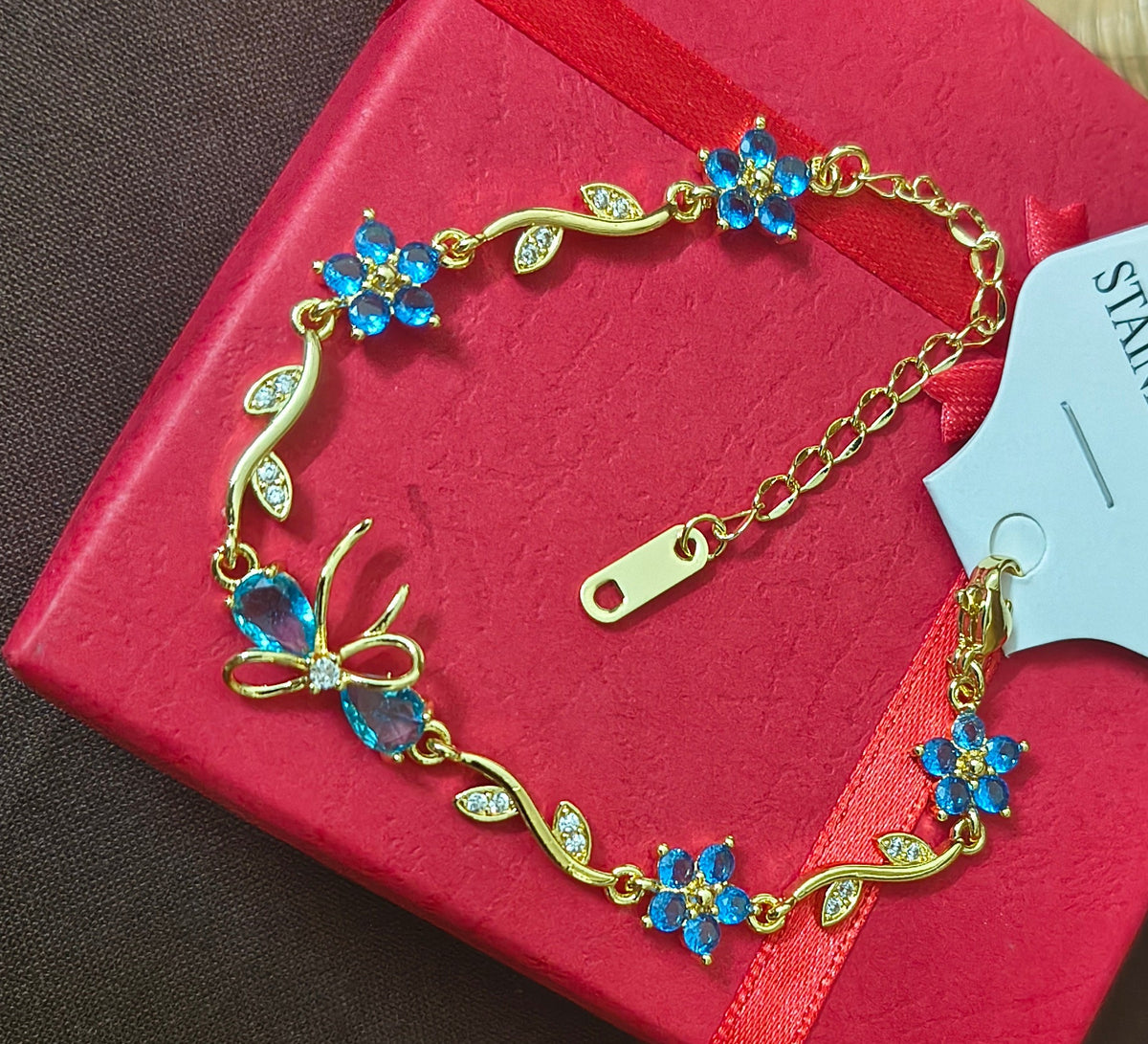 Golden Plated Bow Tulip Chain Bracelet-sky blue