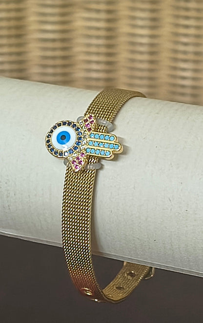 Golden Plated Evil Eye with Fingers Watch strap Bracelet
