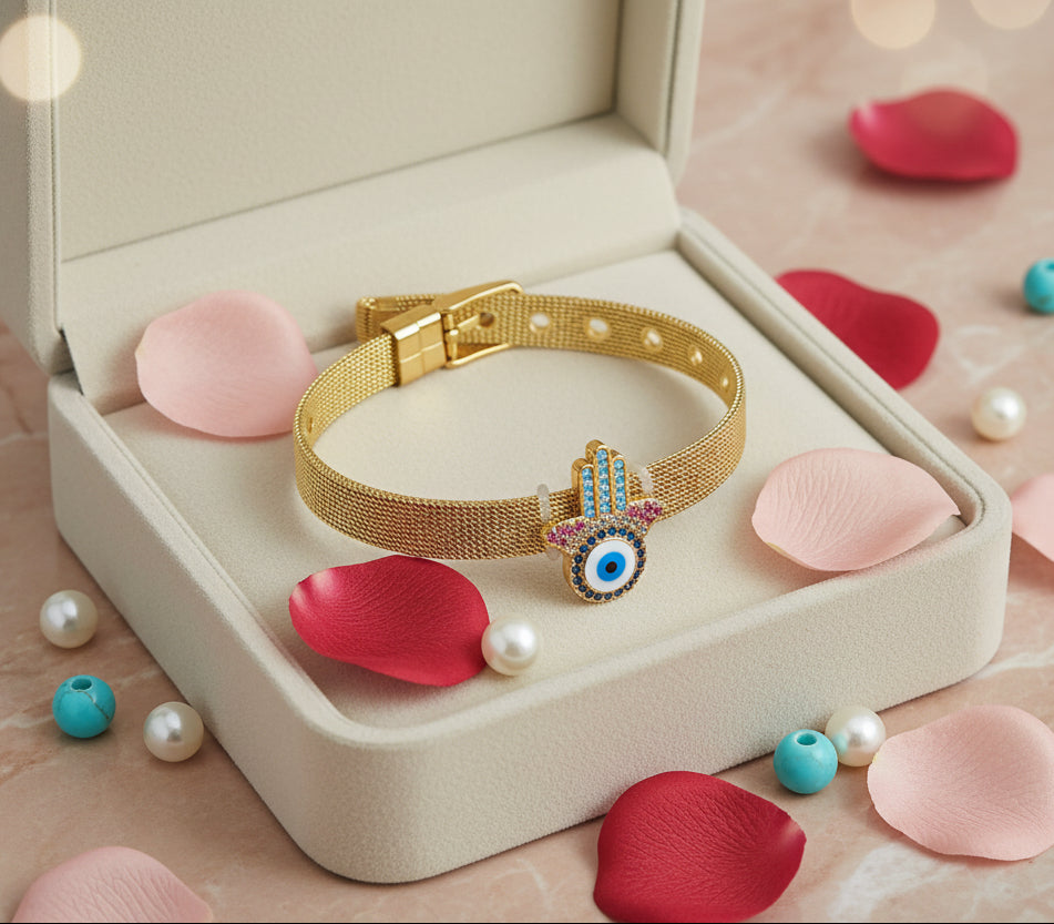 Golden Plated Evil Eye with Fingers Watch strap Bracelet