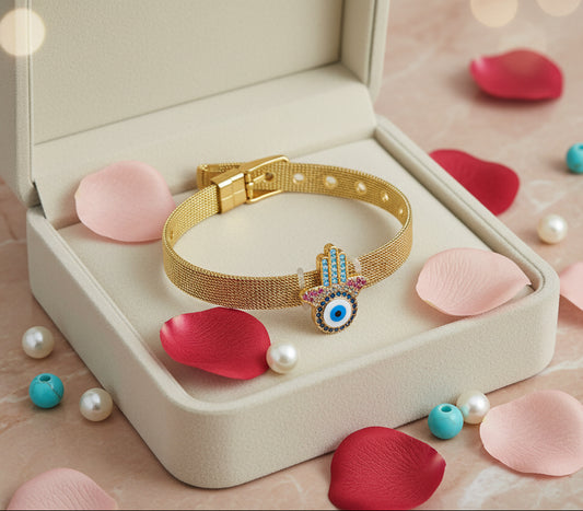 Golden Plated Evil Eye with Fingers Watch strap Bracelet