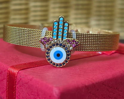 Golden Plated Evil Eye with Fingers Watch strap Bracelet