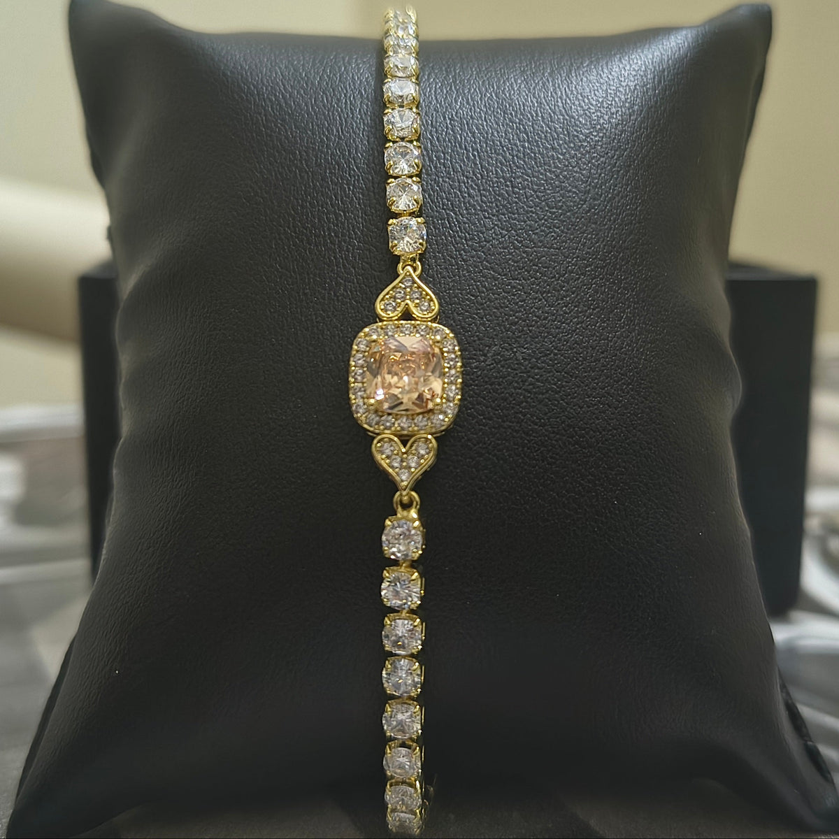 Golden Plating Square Peach Center Stone Tennis Bracelet