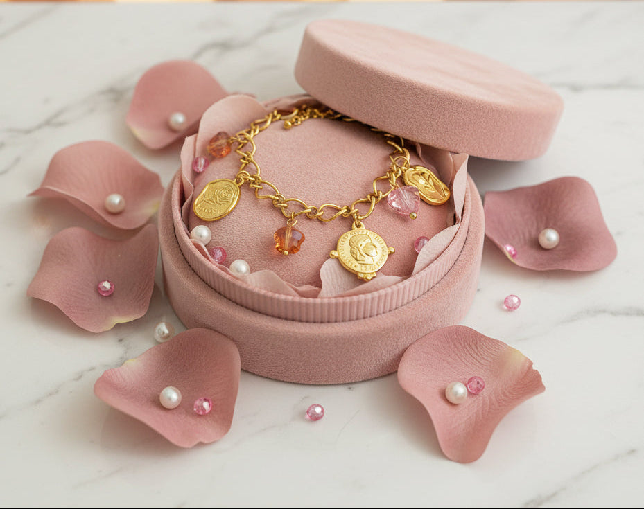 Golden Plated Rose Coin Charm Bracelet