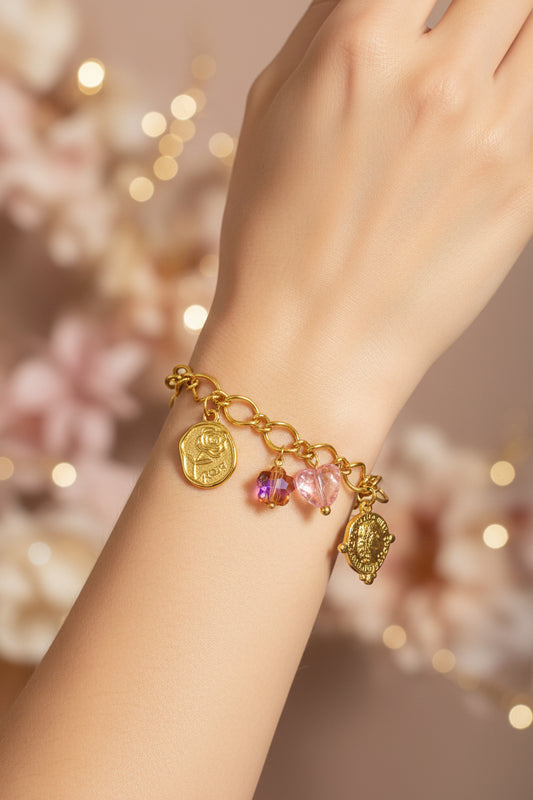 Golden Plated Rose Coin Charm Bracelet