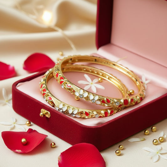 Gold Plated Meenakari Enamel Openable Bracelet-Red