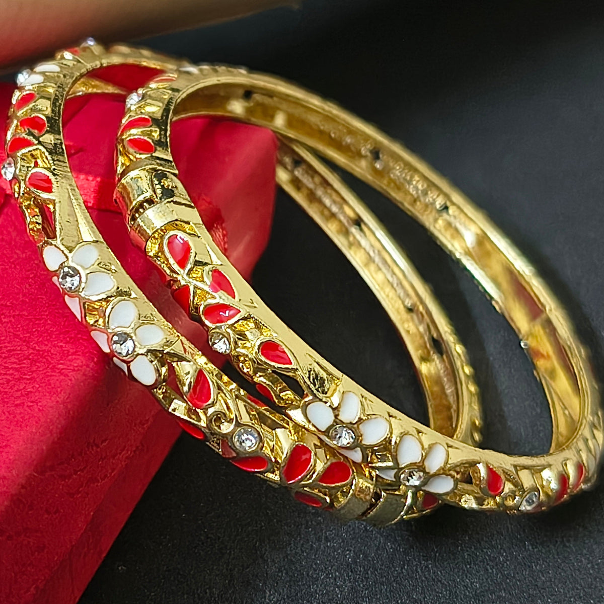 Gold Plated Meenakari Enamel Openable Bracelet-Red
