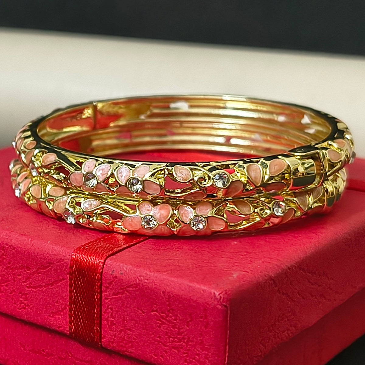 Gold Plated Meenakari Ename Openablel Bracelet -Peach