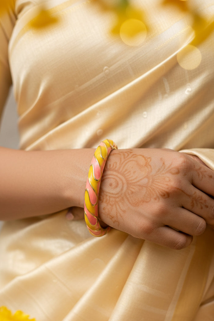 Gold Plated Meenakari Enamel Openable Bracelet-Broad yellow