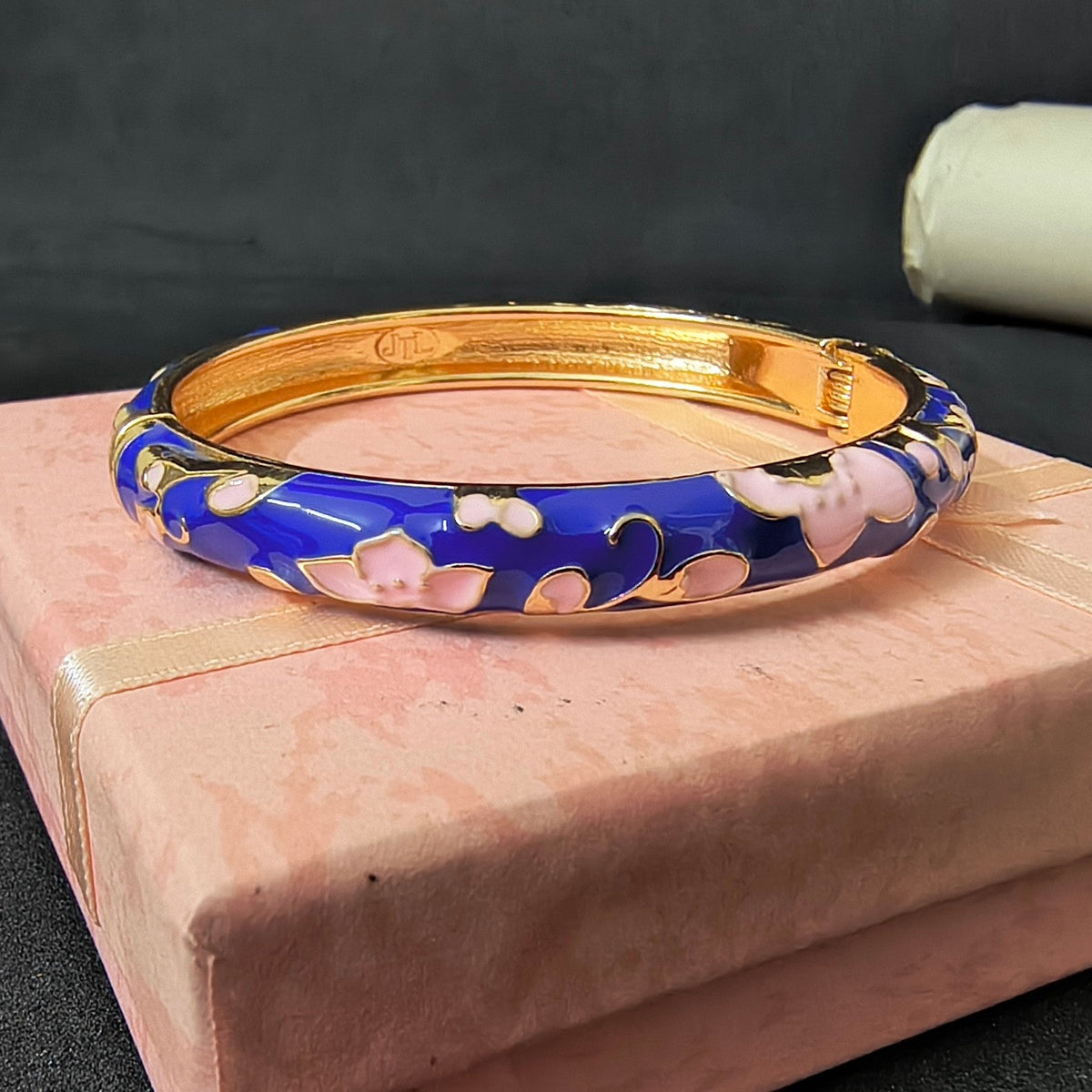Gold Plated Meenakari Enamel Openable Bracelet-Broad Dark Blue